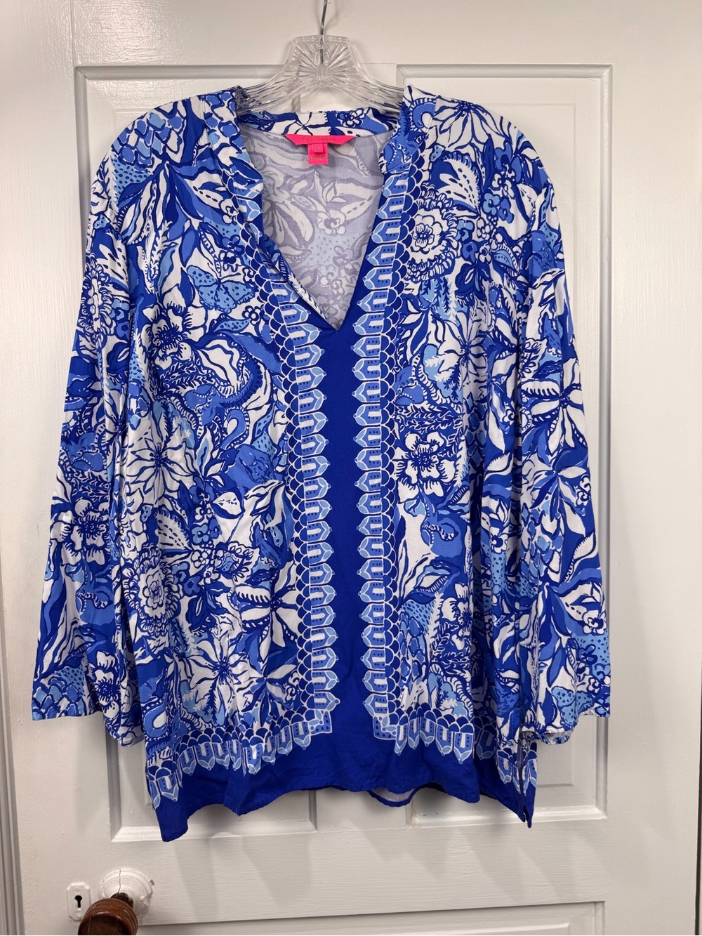 Lilly Pulitzer Royal Blue & White Floral V-Neck Blouse